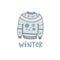 Blue winter warm sweater with snowflakes. Vector color freehand drawing in doodle style. Inscription winter