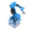 Blue wireframe robotic arm