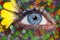 Blue woman eye makeup spring flowers metaphor