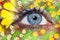 Blue woman eye makeup spring flowers metaphor