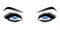 Blue woman eyes with long false lashes with eyebrows.
