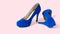 Blue Woman Fashion High Heels Shoes Isolated On Pink Background. Closeup women bright summer footwear. Shopping and Fashion