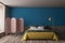 Blue and wooden bedroom interior