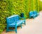 Blue wooden benches in park