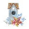 Blue wooden birdhouse with a brown roof. Decorated with a bouquet of poinsettias and silhouettes of blue and blue flowers.