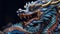 Blue wooden Chinese dragon statuette background. Navy Dragon's face of figurine. Happy Chinese new year 2024