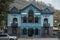 Blue wooden house facade soviet architecture