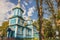 Blue wooden orthodoxy church - Ukraine, Europe.