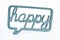 Blue wooden sign with the word `happy` written in cursive letters on white background