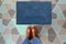Blue Woolen Door mat with Brown shoes Welcome entry designer doormat