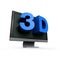 Blue word 3D comes out of a black flat screen monitor