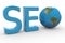 Blue word SEO with 3D globe replacing letter O.
