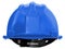 Blue worker helmet of a construction site on a white background 3d rendering