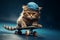 In a blue world, a skateboarding cat epitomizes cool funk