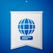 Blue Worldwide icon isolated on blue background. Pin on globe. White pennant template. Vector