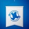 Blue Worldwide icon isolated on blue background. Pin on globe. White pennant template. Vector