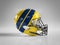 Blue and yellow American football helmet isolated on white mockup 3D rendering