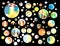 Blue, yellow, brown, orange circles background, dense bright watercolor colorful bubbles