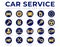 Blue Yellow Car Service Round Icons Set with Battery, Oil, Gear Shifter, Filter, Polishing, Key, Steering Wheel, Diagnostic, Wash