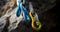 Blue and Yellow Carabiners for Thrilling Rock Climbing Experiences, Generative AI