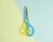 Blue and yellow colourful scissors on on blue and green background. beautiful colourful picture concept The same as the difference