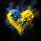 Blue and yellow exploding heart made from powder on black background symbolizing Ukrainian flag