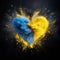 Blue and yellow exploding heart made from powder on black background symbolizing Ukrainian flag