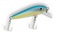 Blue and yellow fishing lure from the side