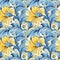 A blue and yellow floral pattern with swirls and leaves. Seamless pattern. AI