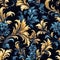 A blue and yellow floral pattern with swirls and leaves. Seamless pattern. AI