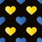 Blue and yellow Hearts. Seamless pattern. Vector illustration on black background. For original designs, cards, prints