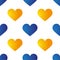 Blue and yellow Hearts. Seamless pattern. Vector illustration on white background. For original designs, cards, prints