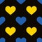 Blue and yellow Hearts. Seamless vector pattern. Illustration on black background. For original designs, cards, prints