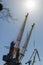 Blue and yellow hoisting cranes on background of cloudless blue sky at daytime. Sand, cargo, freight