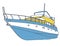 Blue yellow motor boat. Outlined sea yacht for fishing and leisure time. Luxury expensive motorboat