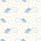 Blue and yellow outline seamless pattern with stingray, cute houses. Galaxy stars and sea animal vector illustration.