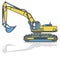 Blue yellow outlined big excavator, digger on white