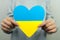 Blue yellow paper heart in hands of child. Ukrainian flag. Concept of peace and independence