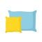 Blue and yellow pillows isolated on white background. Comfortable bed cushion pillow and bedding cloth.