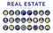 Blue Yellow Real Estate Round Icon Set of Home, House, Apartment, Buying, Renting, Searching, Investment, Choosing, Wishlist, Low