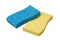 Blue and Yellow Sponges Used for Cleaning on a White Background