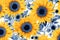 Blue and yellow sun flower pattern, risograph printing style, Ukrainean traditional colors