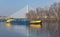 Blue-yellow tank ship on the Main river near Frankfurt