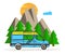 Blue and yellow van with forest and mountains in the background. Living van life, camping in the nature, sitting at fire, travelli