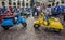 Blue and Yellow Vespa parked at Vespa Moto Fest in Turin City Center