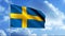 Blue and yellow waving flag of Sweden. Motion. Bright animation with a national flag on a flagpole on blue cloudy sky