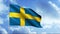 Blue and yellow waving flag of Sweden. Motion. Bright animation with a national flag on a flagpole on blue cloudy sky