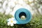 Blue yoga mat and a flower outdoor