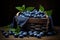 Blueberries in a basket on a wooden background. Toned, Blueberries in the basket on top of a vintage wooden table, AI Generated