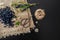 Blueberries on burlap with meadow flowers.